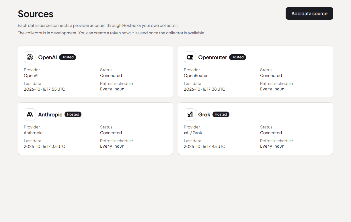AiBill Sources page showing Hosted connections for OpenAI, Anthropic, OpenRouter and xAI.